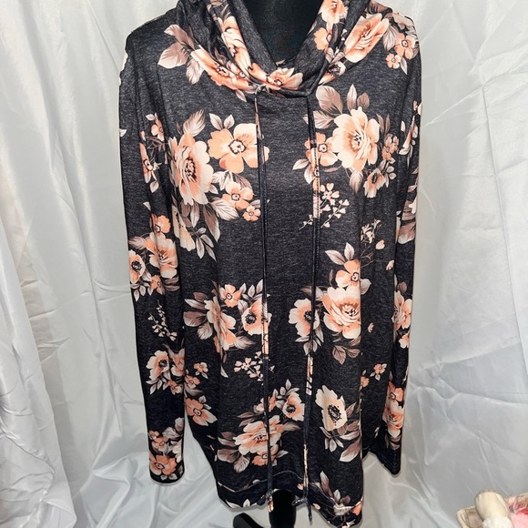 Floral Cowl Neck Pullover Sweater with Drawstring/ Lightweight/ Soft - Picture 2 of 7